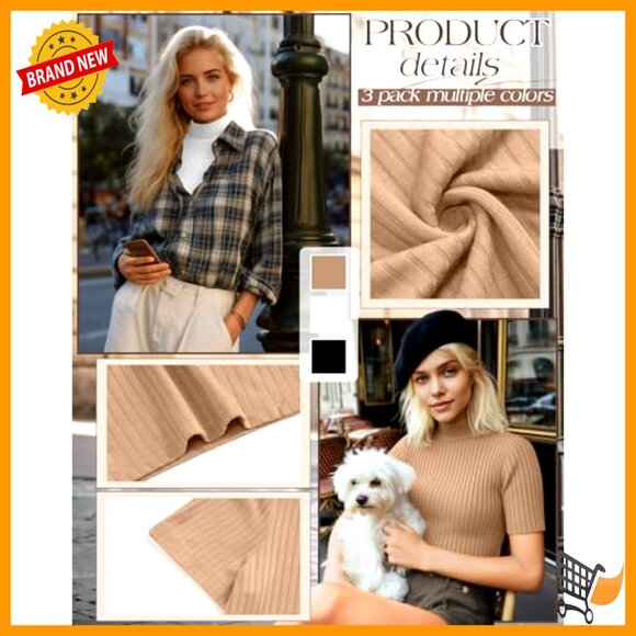 Mock Turtleneck Ribbed Tees Slim Fit Layering Tops Lightweight Cotton Blend - Picture 4 of 7